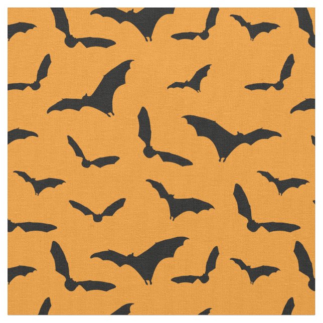 Orangefarbene und schwarze Halloween-Fledermäuse G Stoff (Nahaufnahme)