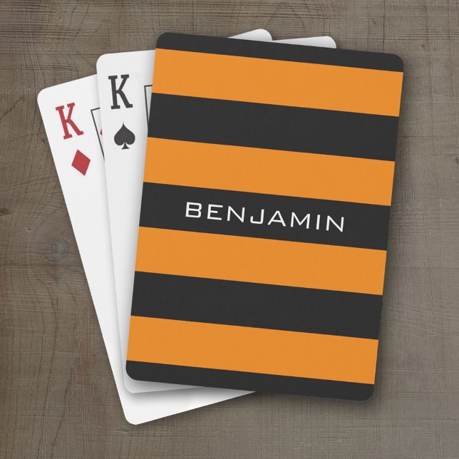 Orangefarbene und schwarze Rugby Streifen mit Indi Spielkarten (Personalized Playing Cards)