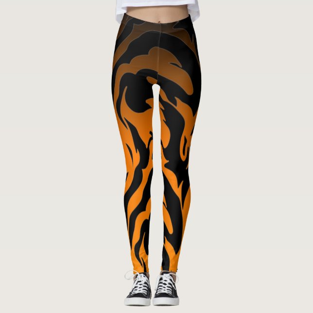 Orangefarbene und schwarze Tigerstreifen Leggings (Vorderseite)
