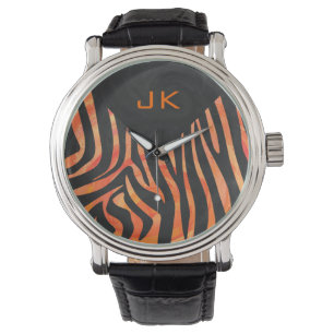 Orangefarbene und schwarze Zebra-Monogramm Armbanduhr