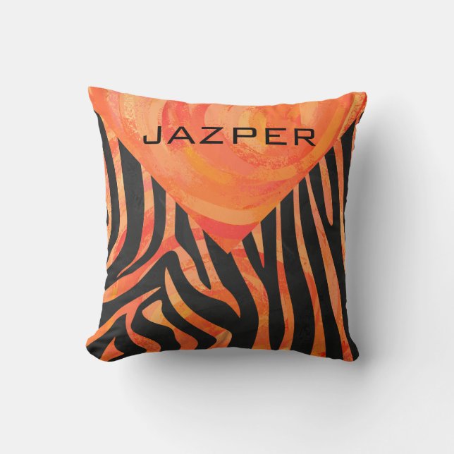 Orangefarbene und schwarze Zebra-Monogramm Kissen (Vorderseite)