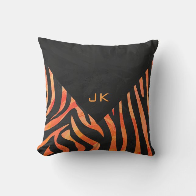 Orangefarbene und schwarze Zebra-Monogramm Kissen (Vorderseite)