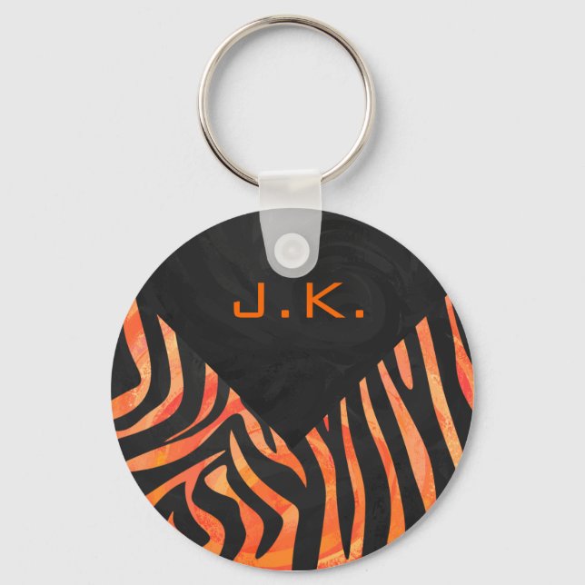 Orangefarbene und schwarze Zebra-Monogramm Schlüsselanhänger (Vorderseite)
