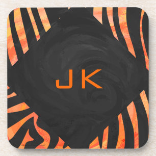 Orangefarbene und schwarze Zebra-Monogramm Untersetzer