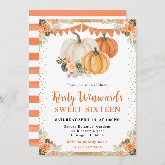 Orangefarbene und weiße Blumenpumpen fallen Süß 16 Einladung (Vorne/Hinten)