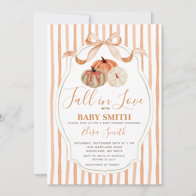 Orangefarbene und weiße Kürbis in Liebe Kinderdusc Einladung (Vorderseite)