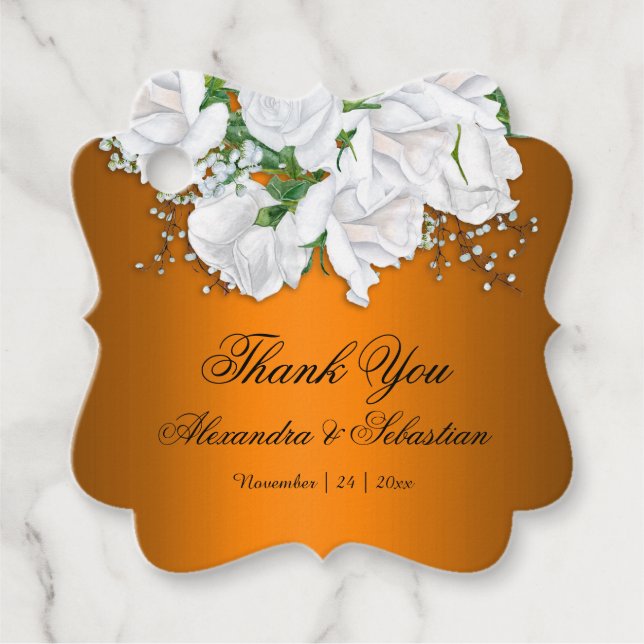 Orangefarbene und weiße Rosen Hochzeit Geschenkanhänger (Vorderseite)