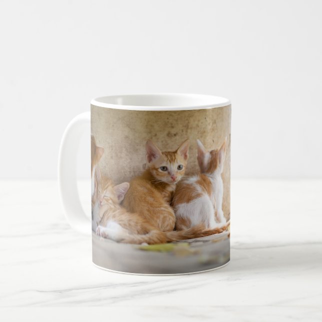 Orangefarbene und weiße Tablette mit Kätzchen/Foto Kaffeetasse (Vorderseite Links)