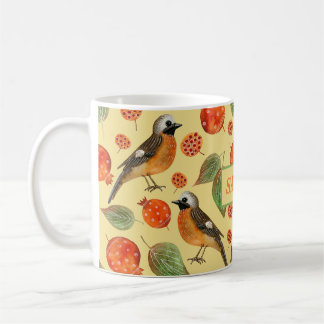 Orangefarbene Vögel und Granatapfelmuster Kaffeetasse