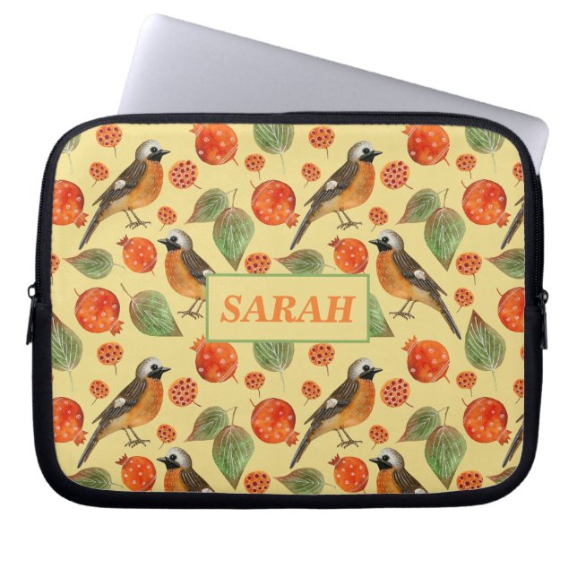Orangefarbene Vögel und Granatapfelmuster Laptopschutzhülle (Vorderseite)
