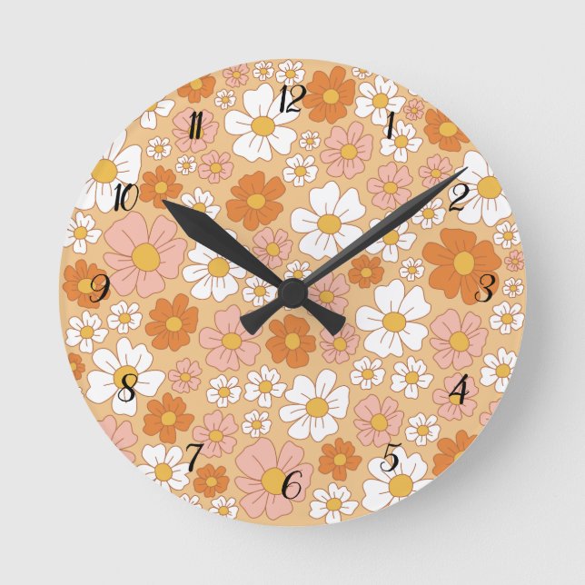 Orangefarbene Wand-Uhr mit weißem Blumenmuster Runde Wanduhr (Vorderseite)