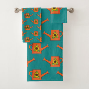 Orangefarbene Wasserdose mit Sonnenblumen Badhandtuch Set
