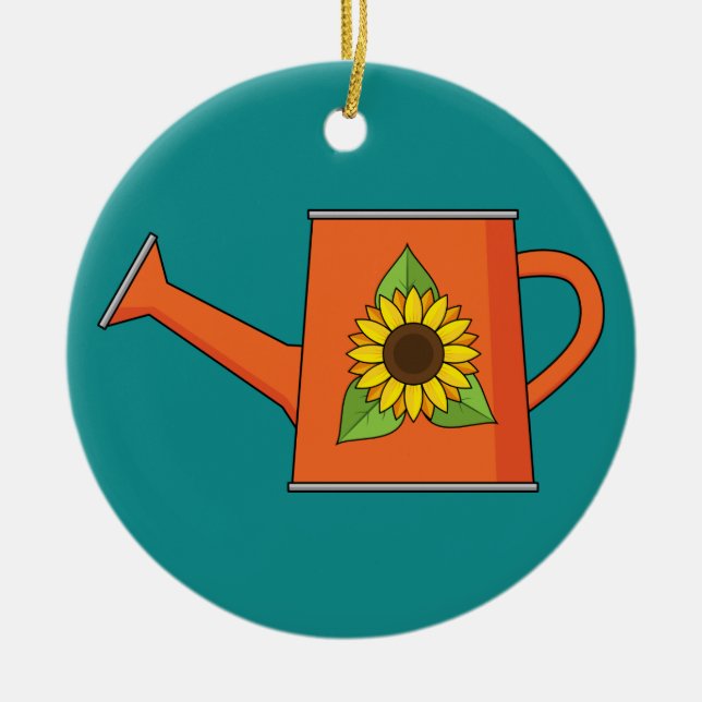 Orangefarbene Wasserdose mit Sonnenblumen Keramik Ornament (Vorne)