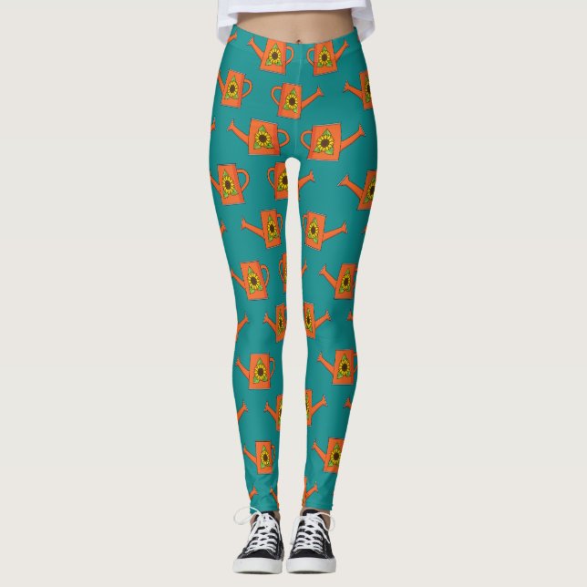 Orangefarbene Wasserdose mit Sonnenblumen Leggings (Vorderseite)