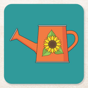 Orangefarbene Wasserdose mit Sonnenblumen Rechteckiger Pappuntersetzer