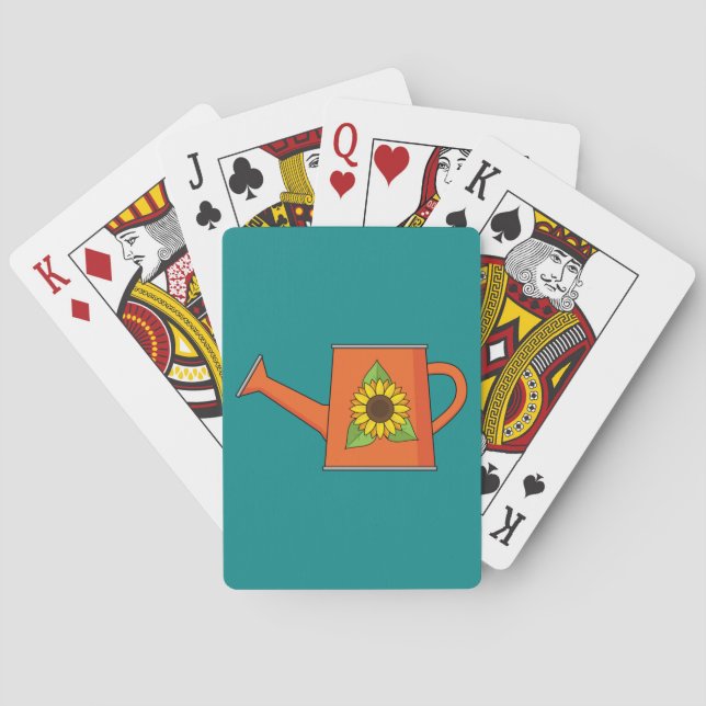 Orangefarbene Wasserdose mit Sonnenblumen Spielkarten (Rückseite)