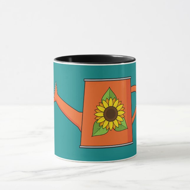 Orangefarbene Wasserdose mit Sonnenblumen Tasse (Zentrum)