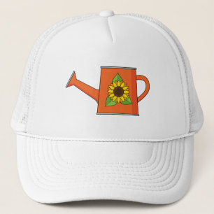 Orangefarbene Wasserdose mit Sonnenblumen Truckerkappe