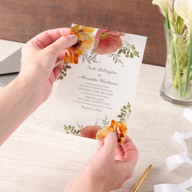 Orangefarbene Wasserfarbe. Herbsthochzeit (Handgehalten)