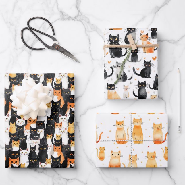Orangefarbene weiße Katzen Mittlere Geschenktüte Geschenkpapier Set (Vorderseite)