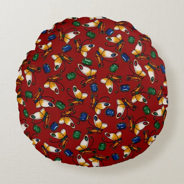 Orangefarbene weiße Schmetterlinge, Smaragd, Sapph Rundes Kissen (Vorderseite)