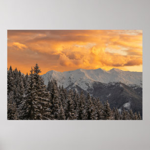 Orangefarbene Wolken über Bergen und Fichtenwald Poster