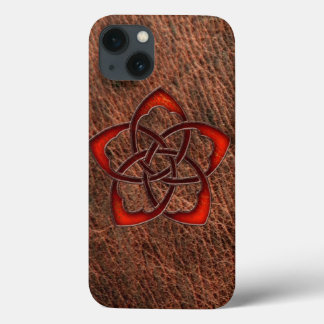 Orangefarbene Zell-Blume auf echtem Leder iPhone 13 Hülle