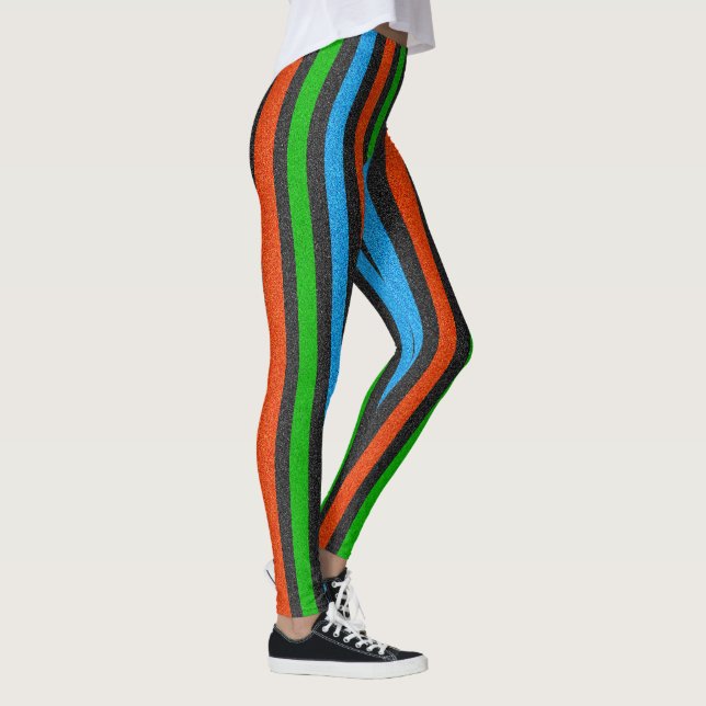 Orangefarbener, blauer, grüner, schwarzer Glitzer  Leggings (Rechts)