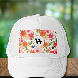 Orangefarbener Blumen-Monogramm-Trucker-Hut Truckerkappe