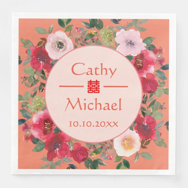 Orangefarbener Blumenkranz moderne chinesische Hoc Serviette (Vorderseite)