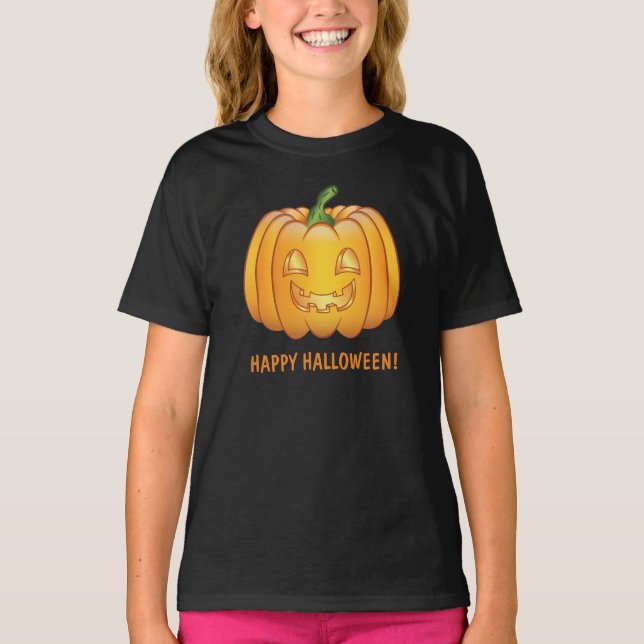 Orangefarbener Cartoon Pumpkin und glücklicher Hal T-Shirt (Vorderseite)