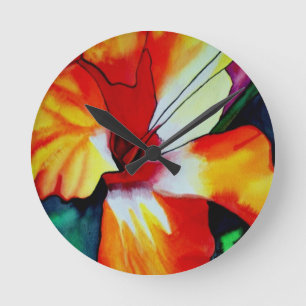 Orangefarbener Hibiskus Tropische Blume Aquarellku Runde Wanduhr
