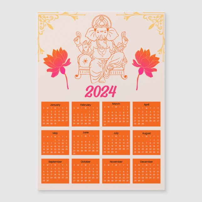 Orangefarbener Kalender 2024 - Lord Ganpati Magnet (Vorderseite)