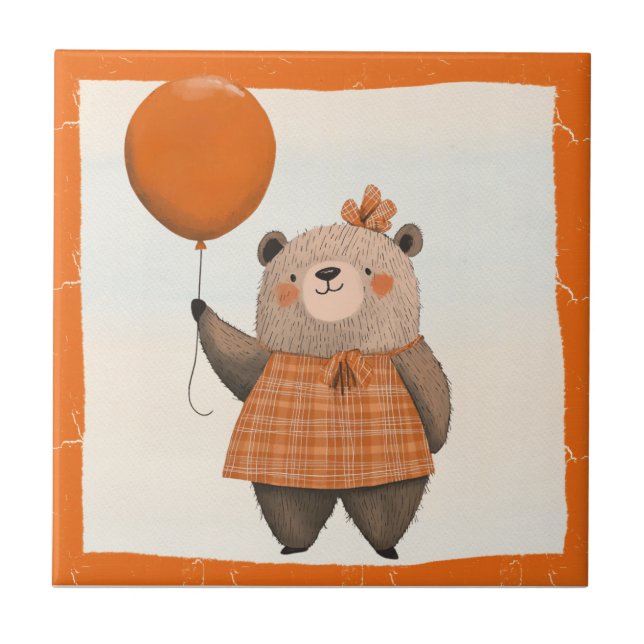 Orangefarbener Karierter Kleiderbär mit Haarbow Fliese (Vorderseite)