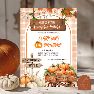 Orangefarbener karierter Kürbispflaster Geburtstag Einladung
