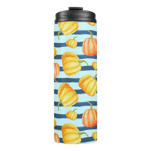 Orangefarbener Kürbis: Aquarelltöne. Thermosbecher (Vorderseite)