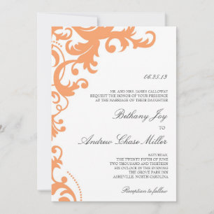 Orangefarbener Pfirsich Eleganter Damask Einladung