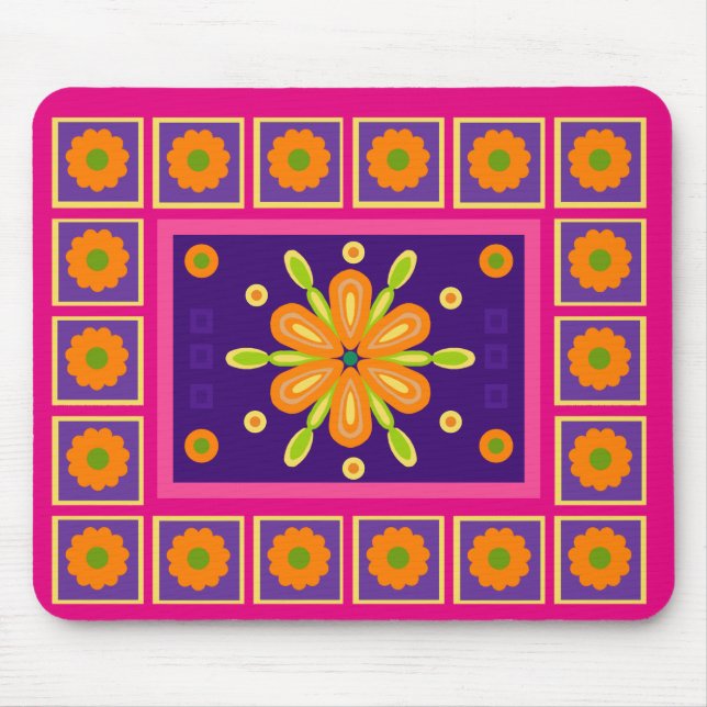 Orangefarbener Rahmen Blume Design Rosa Hintergrun Mousepad (Vorne)