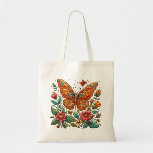 Orangefarbener Schmetterling mit Blume Tragetasche (Vorne)