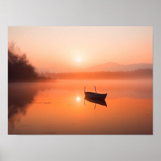 Orangefarbener Sonnenuntergang mit Fischerboot Poster