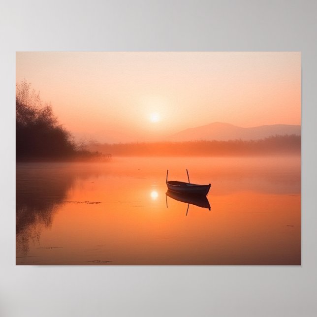 Orangefarbener Sonnenuntergang mit Fischerboot Poster (Vorne)