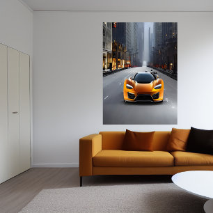 Orangefarbener Sportwagen auf der Straße   AI Art  Poster