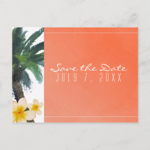 Orangefarbener tropischer Palmbaum & Plumeria Save Ankündigungspostkarte