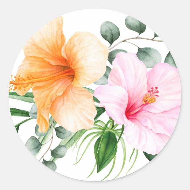 Orangefarbener und rosafarbener Hibiskus Tropenblu Runder Aufkleber (Vorderseite)