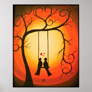 Orangefarbener und schwarzer Sonnenuntergang mit V Poster