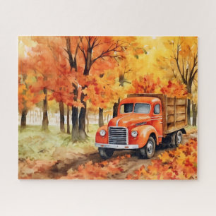 Orangefarbener Vintager Lieferwagen im Herbst 16x2 Puzzle
