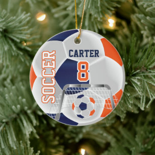 Orangefarbener, weißer und dunkelblauer Fußball  Keramik Ornament