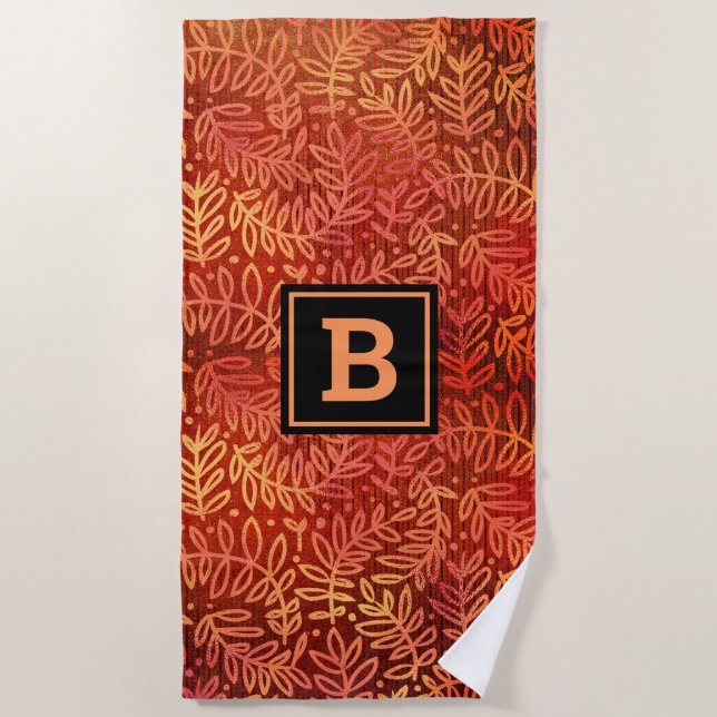 Orangefarbenes Blattmuster Monogramm fett modern Strandtuch (Vorderseite)