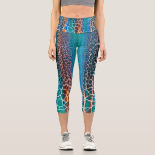 Orangefarbenes blaues, Aquamarin verklebtes Glasab Capri Leggings