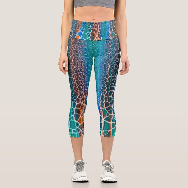 Orangefarbenes blaues, Aquamarin verklebtes Glasab Capri Leggings (Vorderseite)